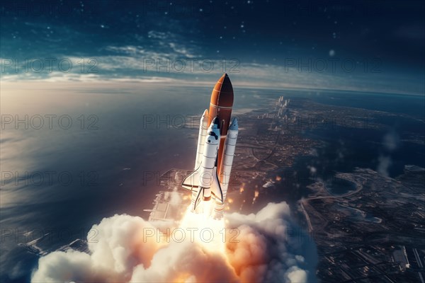 Aerial view of a rocket shuttle carrier launch at sunrise over an ocean coast. The rocket is blasting off with a trail of smoke and flames behind it, AI generated