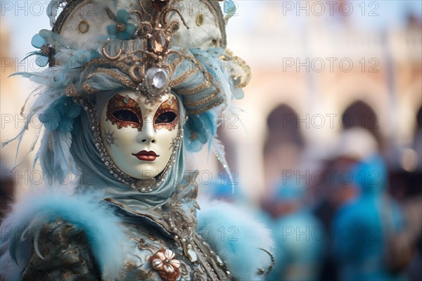 A person adorned in an elaborate and elegant costume, capturing the essence of the Venice Carnival amidst a scenic backdrop, AI generated