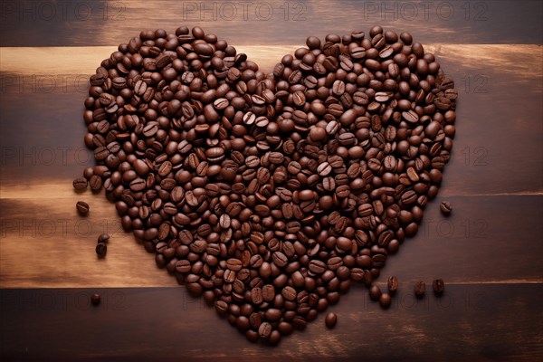 A heart shape made of rich, dark coffee beans sits atop a rustic wooden background, symbolizing a love for coffee, AI generated