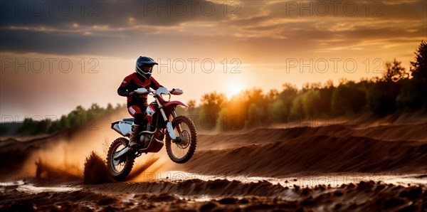 Motocross on an enduro motorcycle through mud and sand, a motorcyclist in gear and a helmet rides off-road, AI generated
