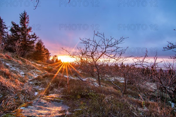 Landscape on the Grosser Feldberg, Taunus volcanic region. A cloudy, sunny winter day, meadows, hills, snow and forests with a view of the winter sunset. Hesse, Germany, Europe