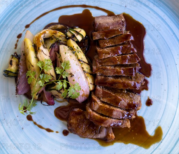 Elegant Plate with Sliced Beef Entrecote Steak with Potatoes and Seasonal Vegetables and Brown Sauce in Switzerland