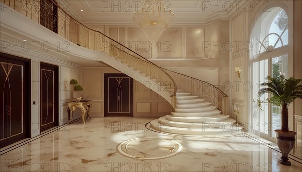 Elegant interior featuring a grand staircase with marble floors and an ornate chandelier, AI generated