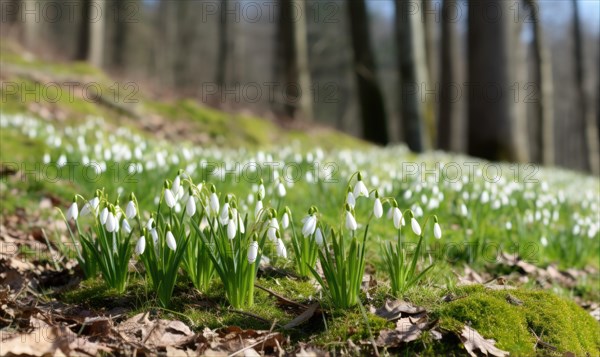 A carpet of snowdrops covering the forest floor in springtime AI generated