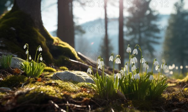 Snowdrops at the base of a pine tree in soft sunlight, embodying peaceful spring scenery AI generated