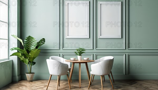 Elegant corner with mint walls, white chairs, and decorative plants, radiating calm, AI generated