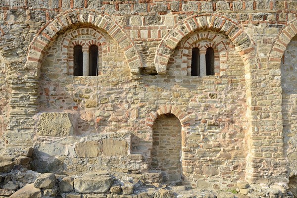 Church of St Anthony, arches with windows on the outer wall, Cape Rodon, Albania, Europe