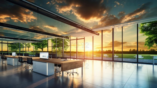 Modern office interior with panoramic windows and sunset AI generated