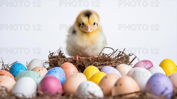 A chick stands in a nest surrounded by colorful Easter eggs against a white backdrop, conveying a festive spring vibe AI generated
