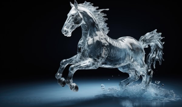 Ice sculpture of horse in dynamic pose. Beautiful horse ice figure AI generated