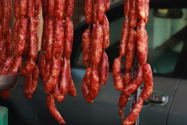 Close up of traditional cambodian beef sausages called twa koh, authentic khmer cuisine and culture of Cambodia