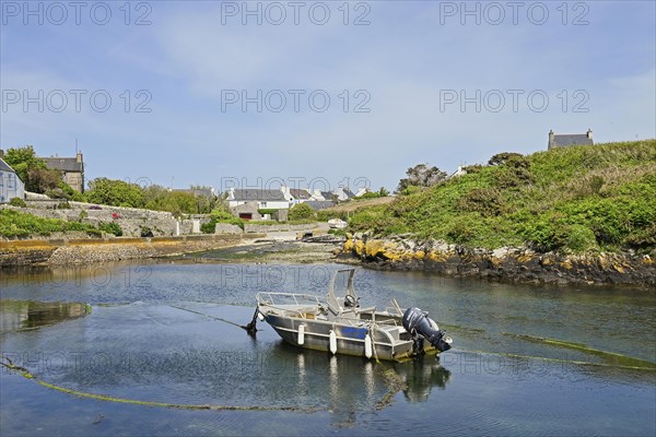 Boats in the small inland harbour of Lampaul, Ouessant Island, Finistere, Brittany, France, Europe