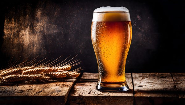 Glass of chilled beer on a dark vinatge wooden surface. AI Generated, AI generated