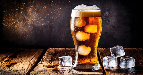 Glass of chilled beer on a dark vinatge wooden surface. AI Generated, AI generated