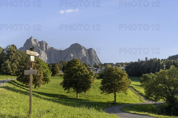 Various signposts, in the background the Schlern, seen from the direction of Kastelruth, Dolomites, South Tyrol, Italy, Europe