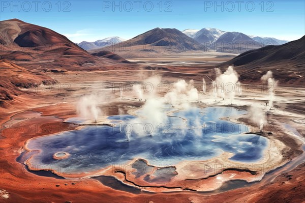 Surrealist aerial view of the Tatio geyser in the Atacama desert, Chile, AI Generated, AI generated, South America