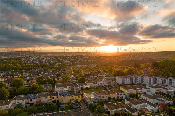 Warm evening light of the sunset over a peaceful residential area, Pforzheim, Sonnenberg, Germany, Europe
