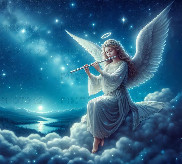 An angel sits on a cloud and plays the flute, kitsch, AI generated, AI generated