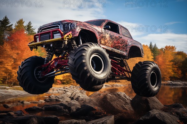 Monster truck driving and jumping outdoors amidst a cloud of dust. Thrill and adrenaline of an outdoor racing event on off-road terrain, AI generated