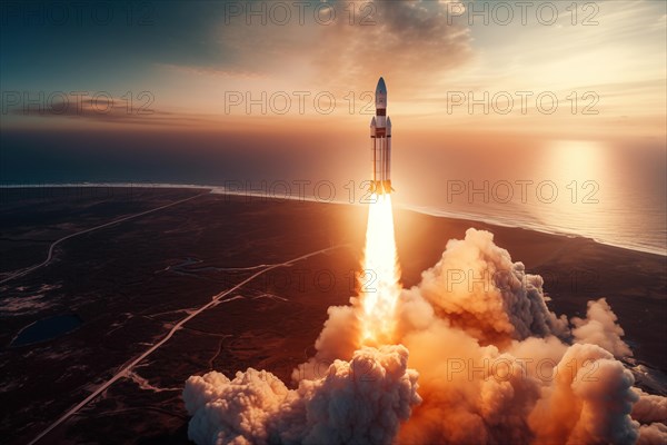 Aerial view of a rocket launch at sunrise sunset over an ocean coast. The rocket is blasting off with a trail of smoke and flames behind it, AI generated