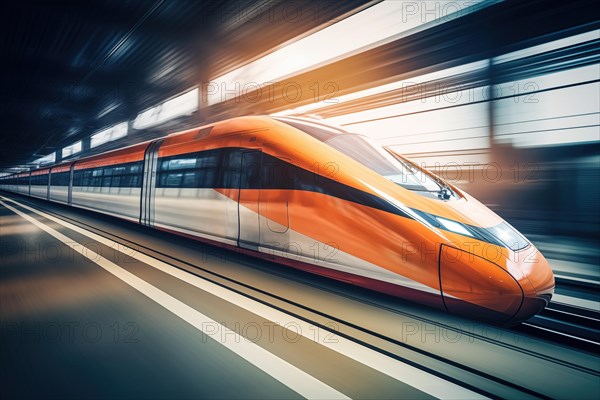 Modern high speed train in a futuristic train station. Modern transportation technology, speed, travel concepts. Railroad with motion blur effect, AI generated