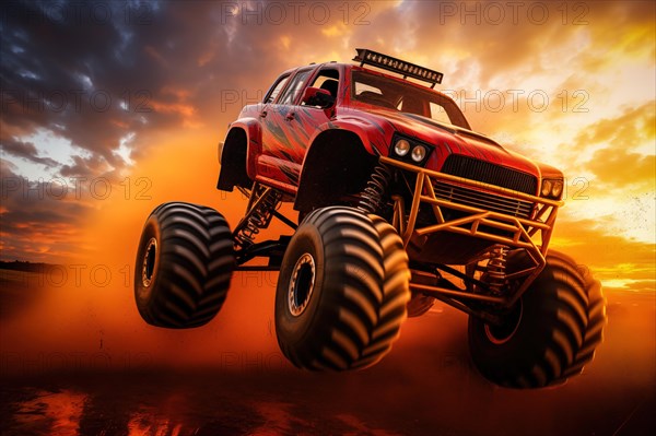 Monster truck driving and jumping outdoors amidst a cloud of dust. Thrill and adrenaline of an outdoor racing event on off-road terrain at dramatic sunset, AI generated