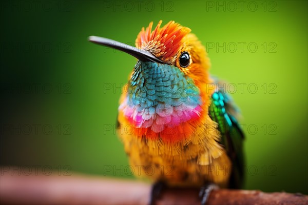 Stunning close-up captures the radiant colors and intricate details of a hummingbird, showcasing its vibrant feathers against a soft defocused background, AI generated