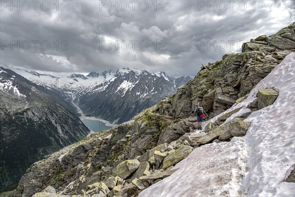 Mountaineer on hiking trail with snow, view of Schlegeisspeicher, glaciated rocky mountain peaks Hoher Weisszint and Hochfeiler with glacier Schlegeiskees, Berliner Hoehenweg, Zillertal Alps, Tyrol, Austria, Europe