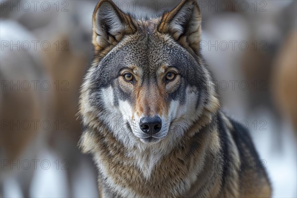 Portrait of a gray wolf (Canis lupus) with focussed gaze and blurred background with a flock of sheep, AI generated, AI generated