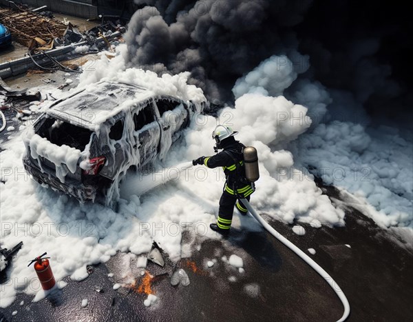 A firefighter in full gear uses a hose with chemical white foam to extinguish flames engulfing hybrid electric petrol vehicle car amidst a urban landscape, with emergency response evident, ai generated, AI generated