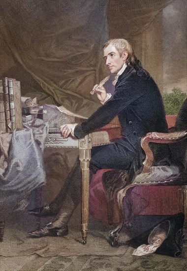 Francis Hopkinson (born 2 October 1737 in Philadelphia, Province of Pennsylvania, colony of the Kingdom of Great Britain, now USA, died there on 9 May 1791) signing the Declaration of Independence of the United States, after a painting by Alonzo Chappel (1828-1878), Historical, digitally restored reproduction from a 19th century original