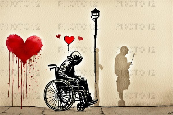 A powerful illustration showing a person in a wheelchair and a bleeding heart graffiti on the wall, sadness, loneliness concept. ai generated, AI generated