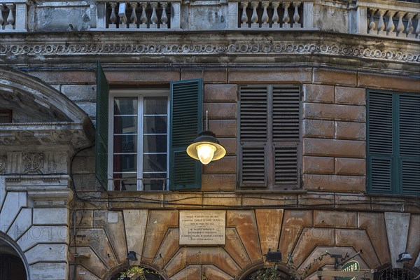 Detailed view with memorial plaque of the former home of Cesare Cerruti, 1820 -1905, Italian politician, Genoa, Italy, Europe