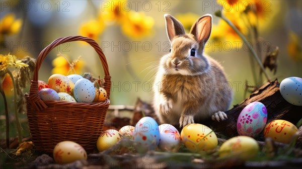 A rabbit beside a basket of Easter eggs among yellow daffodils in a woodland setting AI generated