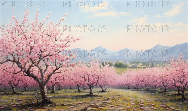 A serene landscape painting of cherry trees with pink blossoms against a mountain backdrop AI generated