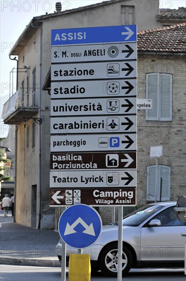 Street signposts in Assisi, Assisi, Italy, Europe