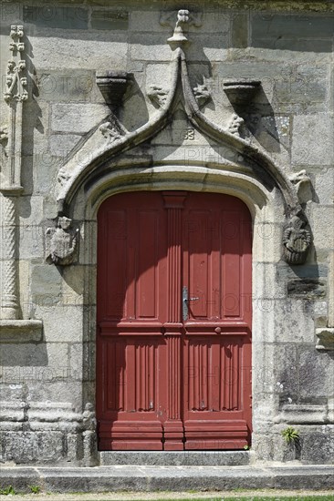 Entrance portal of the 16th century ossuary Ossuaire, Enclos Paroissial de Pleyben, Finistere department, Brittany region, France, Europe