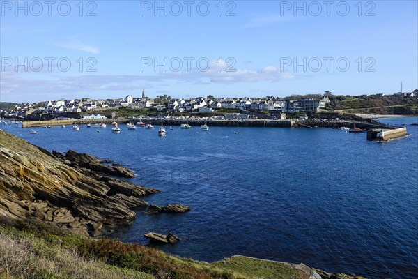Harbour and commune of Le Conquet, seen from the Kermorvan peninsula, Finistere Pen ar Bed department, Brittany Breizh region, France, Europe