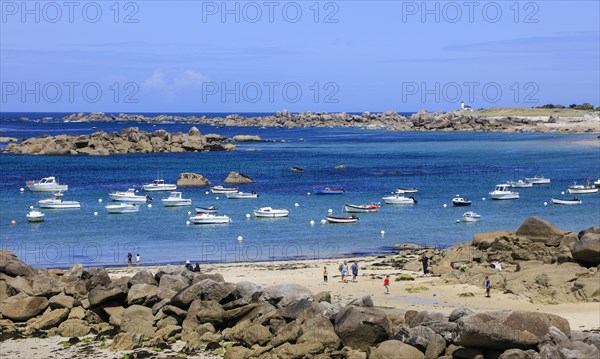 Granite rock formations on the beach of the English Channel near the village of Meneham, Menez Ham, Kerlouan, Finistere Penn ar Bed department, Brittany Breizh region, France, Europe