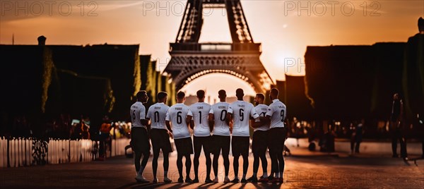 Sports National team of players in Paris at the Olympic Games 2024. Athletes at the Eiffel Tower, AI generated