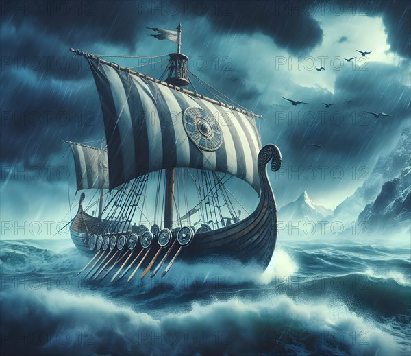 Dragon boat, Viking ship of the Vikings on the stormy sea, AI generated, AI generated