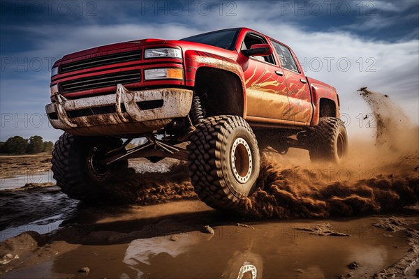 Monster truck driving outdoors amidst a cloud of dust. Thrill and adrenaline of an outdoor racing event on off-road terrain, AI generated