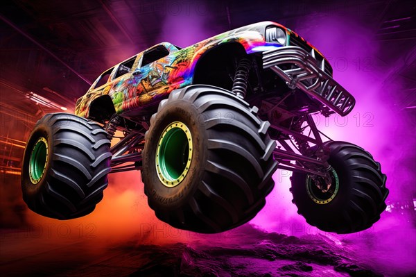 Monster truck with neon lighting, jumping off-road in cloud of dust. Excitement and thrill of an extreme sport, AI generated