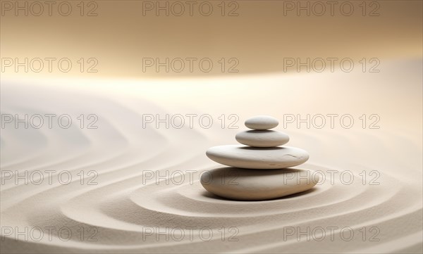 Zen stones stack on raked sand in a minimalist setting for balance and harmony. Balance, harmony, and peace of mind, wellness, meditation, and spirituality concept, AI generated