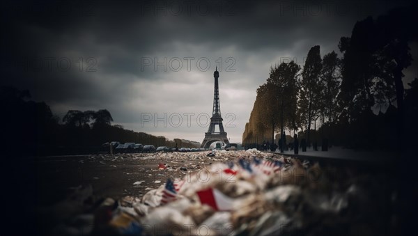 Garbage on the streets of Paris after sports competitions and concerts. Concept of the Olympic Games in Paris France 2024, AI generated