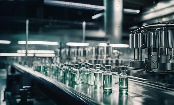 Production of medicines in ampoules at the factory, conveyor belt with medicines, AI generated