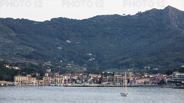 Sailing ship leaving the harbour of Porto Azzurro, Elba, Tuscan Archipelago, Tuscany, Italy, Europe