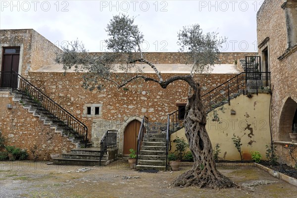 Inner courtyard, monastery church, Arkadi Monastery, Moni Arkadi, national monument, Crete, Greece, Europe