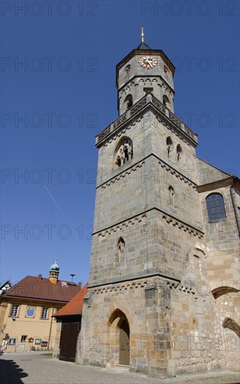 Neunkirchen am Brand Monastery is a former monastery of the Augustinian canons in the diocese of Bamberg, tower of St Michael's Church at the monastery, Neunkirchen am Brand, district of Forchheim, Upper Franconia, Bavaria, Germany, Europe