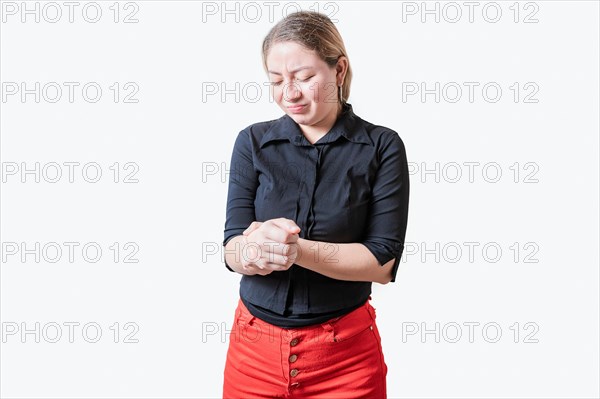 People with arthritis and hand pain isolated. Girl suffering with joint pain of hands. Woman suffering from arthritis in her hands